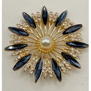 Gold Tone Starburst‎ Brooch 2" Faux Pearl Blue Rhinestone Statement Pin